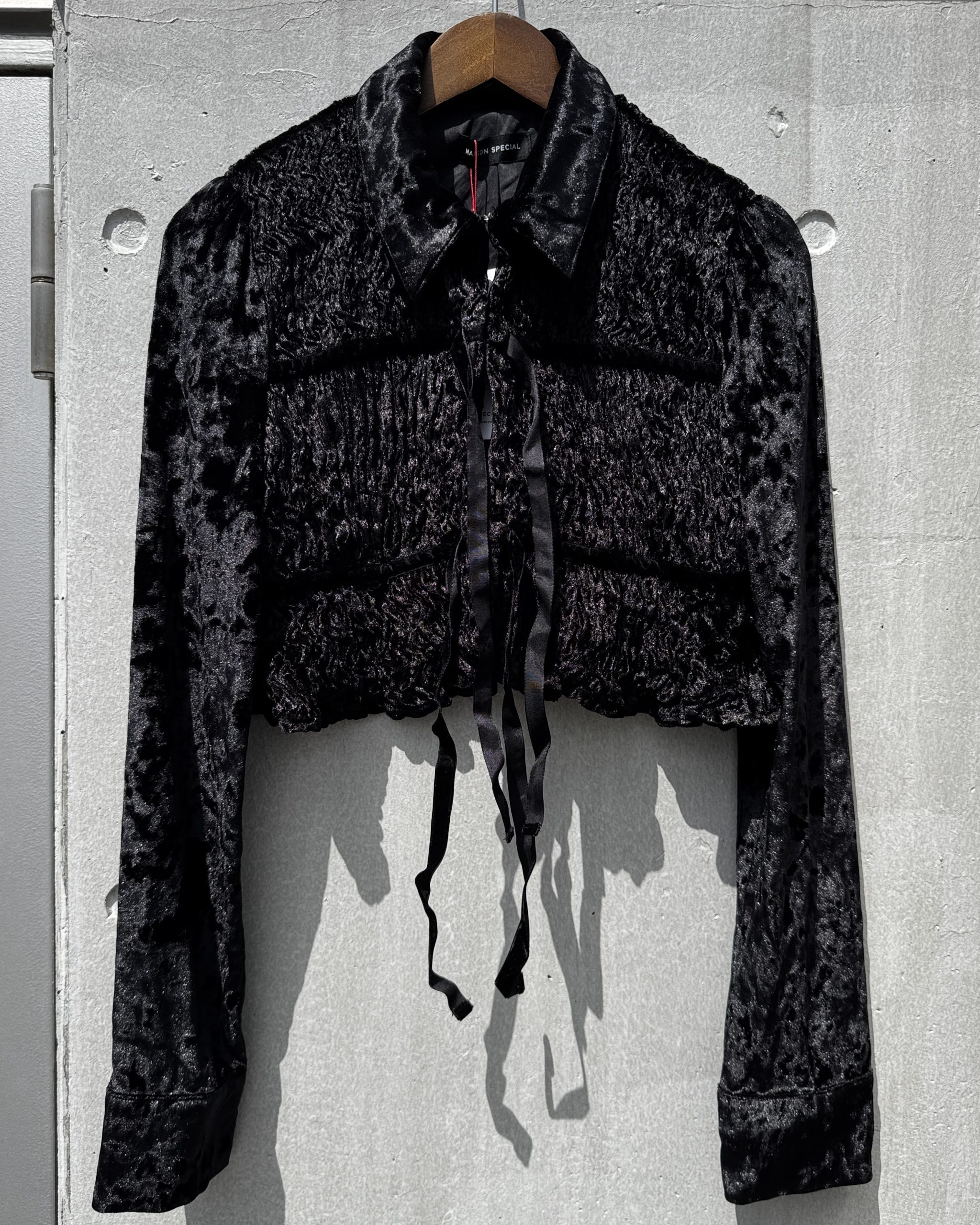 トップス-リボンブラウスベロアシャーリング